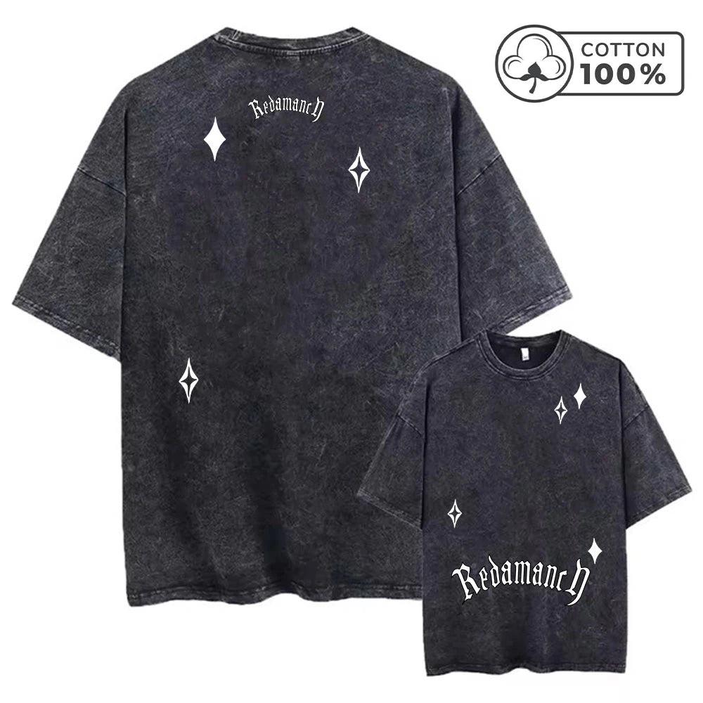 Men's Creative Star And Letter Print Washed T-Shirt Retro Casual Pure Cotton Crew Neck Short Sleeve Summer Commuter Loose Top