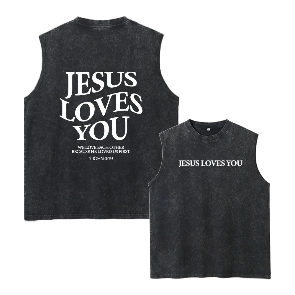Men's Text Print Washed Vest Loose Casual Base Shirt Retro Distressed Sleeveless Top Summer Fitness Running 2026 New Arrival