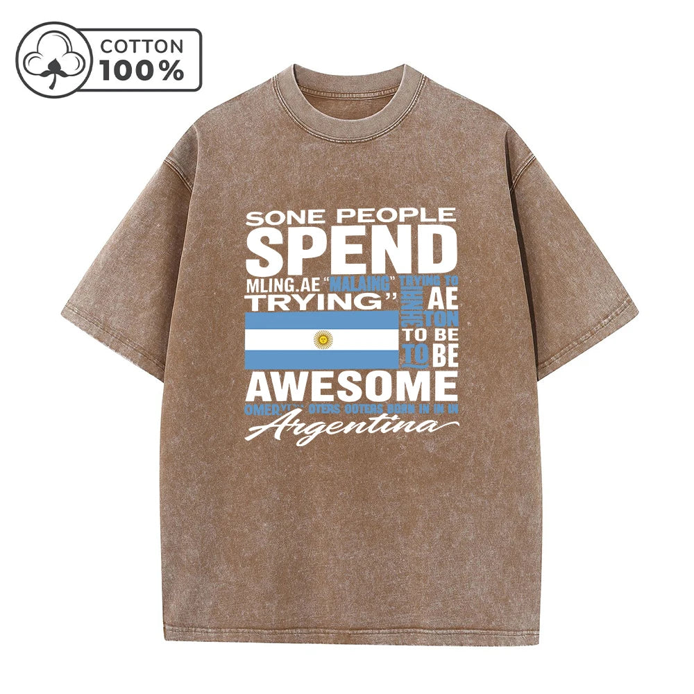 Men's Retro Distressed Argentinian Print Washed T-Shirt Casual And Versatile Loose Fitting 100% Cotton Short Sleeve Top