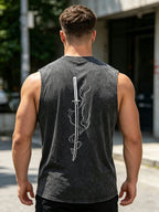 Men's Creative Samurai Sword Print Washed Vest Comfortable Pure Cotton Sleeveless T-Shirt For Fitness Commute And Street Style