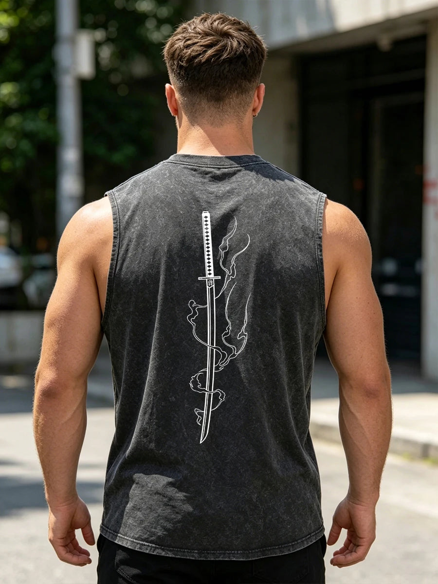 Men's Creative Samurai Sword Print Washed Vest Comfortable Pure Cotton Sleeveless T-Shirt For Fitness Commute And Street Style