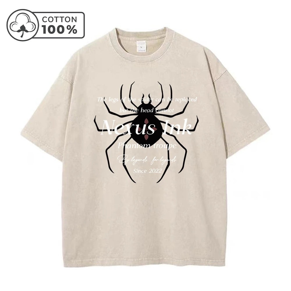 Men's Dark Spider Print Washed T-Shirt Distressed Retro Street Style Casual Pure Cotton Short Sleeve Top For Summer Commute