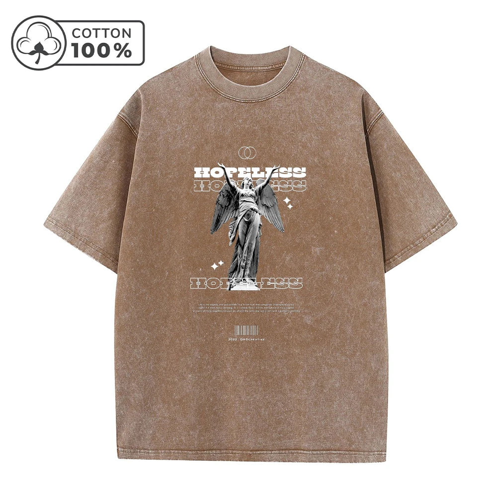 Summer Casual Washed T-Shirt Heavyweight Pure Cotton With A Statue Print Retro And Fashionable Short Sleeved Trendy Top