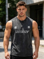 Men's Distressed Letter Print Washed Vest Retro Street Style Loose Fitting Pure Cotton Sleeveless Top Summer Gym Commute Vest