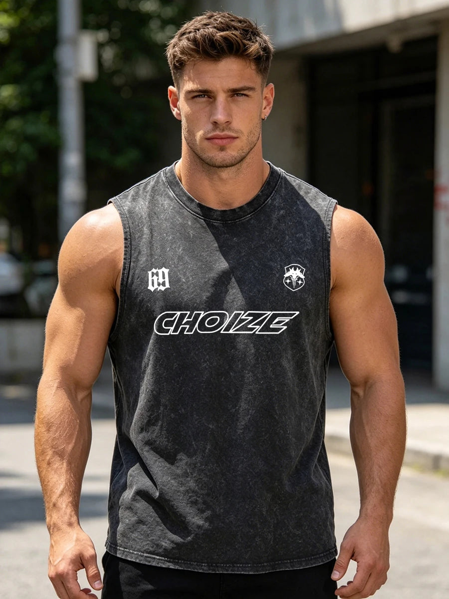 Men's Distressed Letter Print Washed Vest Retro Street Style Loose Fitting Pure Cotton Sleeveless Top Summer Gym Commute Vest