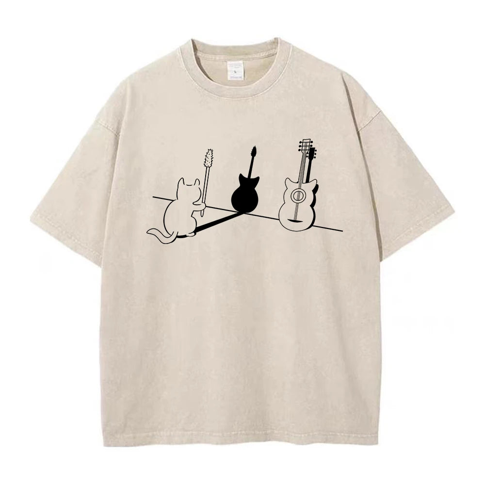 Vintage Distressed Washed T-Shirt Comfortable 100% Cotton Round Neck Short Sleeve Summer Casual Kitten Guitar Print Top