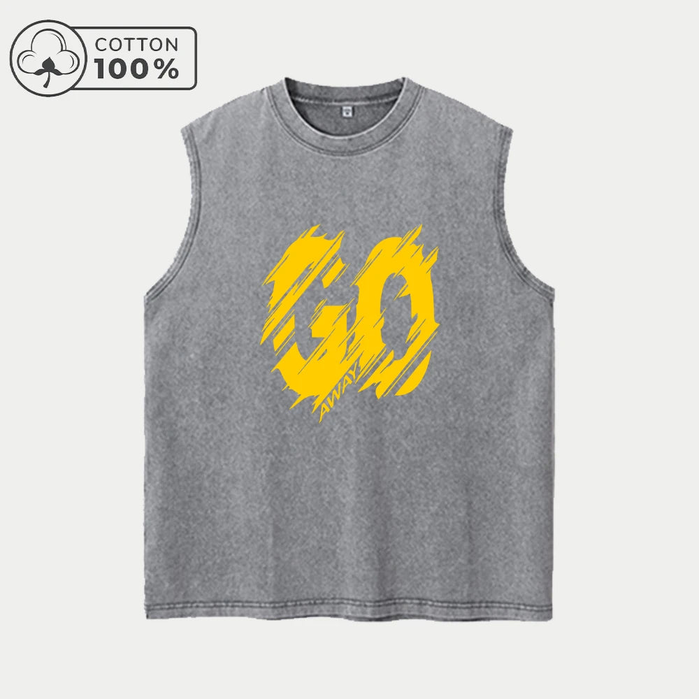 Men's Creative Letter Print Washed Vest Vintage Distressed Pure Cotton Crew Neck Vest Casual Fashionable Loose Sleeveless Top