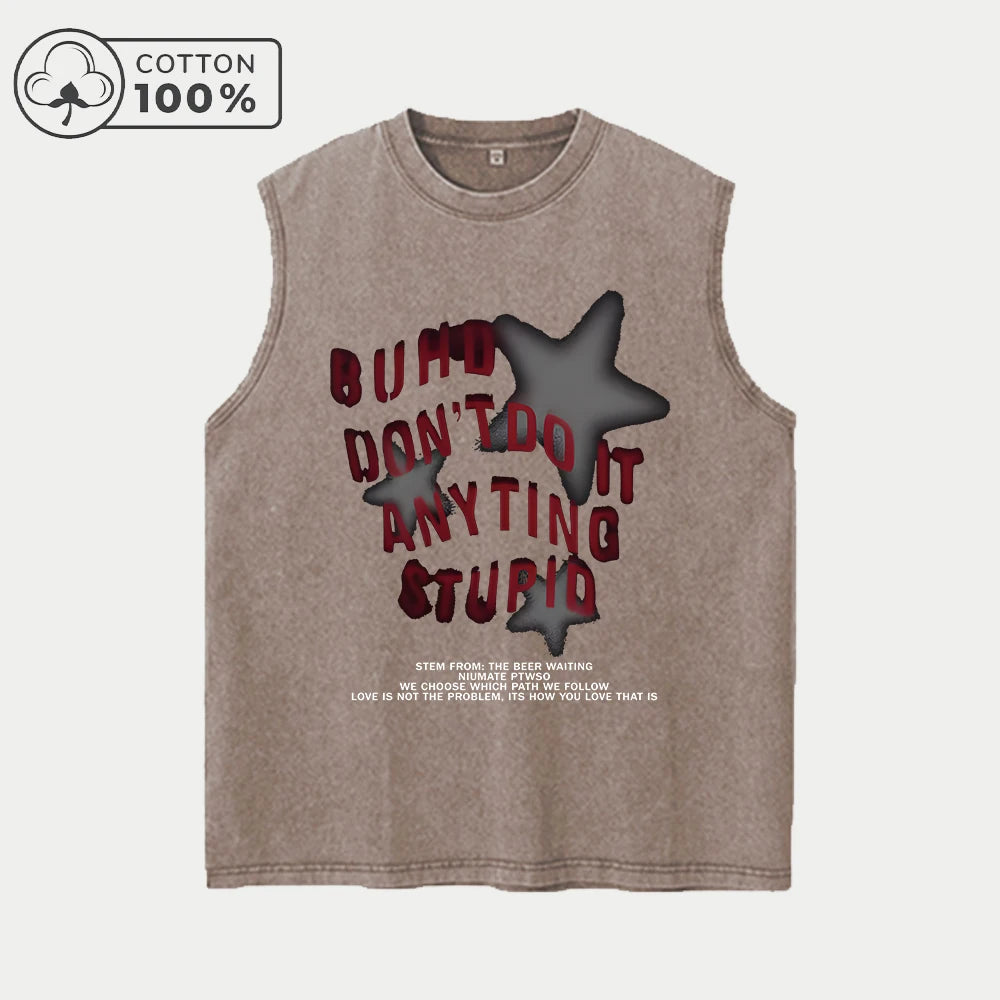 Men's Creative Text Print Washed Vest Retro Pure Cotton Sleeveless Top Fashionable Casual Loose Fit Summer Fitness Commute Vest