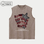 Men's Creative Text Print Washed Vest Retro Pure Cotton Sleeveless Top Fashionable Casual Loose Fit Summer Fitness Commute Vest