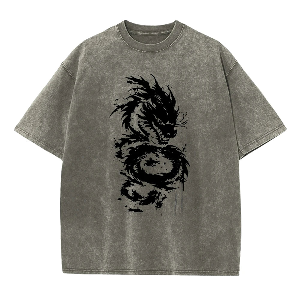 Men's Heavyweight Washed Cotton T Shirt Distressed Style Dragon Print Short Sleeve Retro Streetwear Loose And Comfortable Top