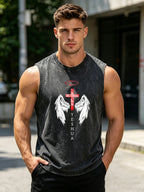 Men's Washed Distressed Cross Wing Print Vest Retro Casual Pure Cotton Sleeveless Crew Neck Top Suitable For Summer Commute Wear