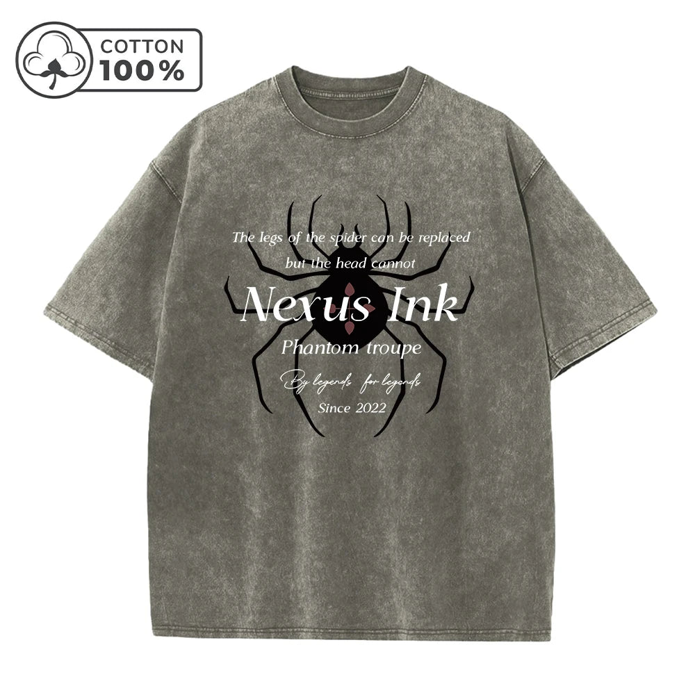Men's Dark Spider Print Washed T-Shirt Distressed Retro Street Style Casual Pure Cotton Short Sleeve Top For Summer Commute
