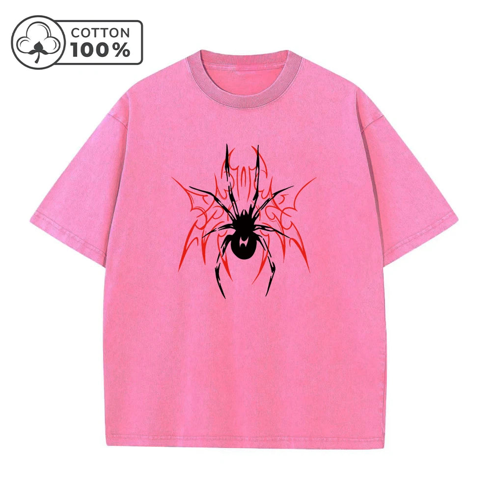 Men's Casual Washed T-Shirt Trendy And Stylish Pure Cotton Short Sleeve Unique Spider Print Summer Everyday Commute Top