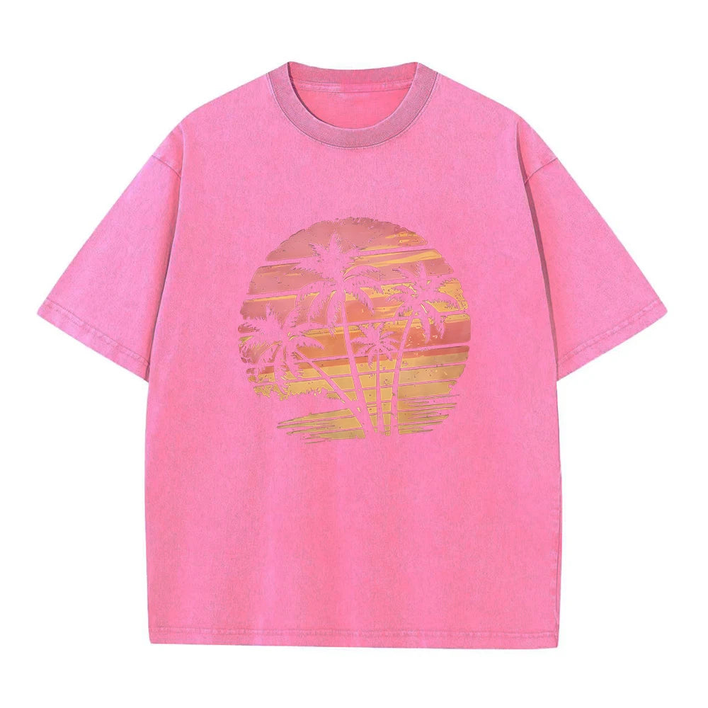 Men's Coconut Tree Print Retro Washed T-Shirt Summer Fashion Casual Short Sleeve Suitable For Fitness And Outdoor Activities