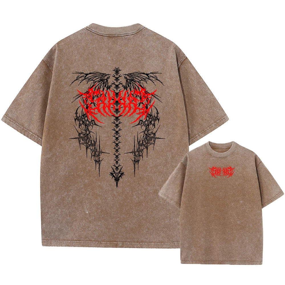 Men's Gothic Print Retro Washed T-Shirt Summer Trendy Fashion Loose Short Sleeve Suitable For Daily Commute And Casual Wear