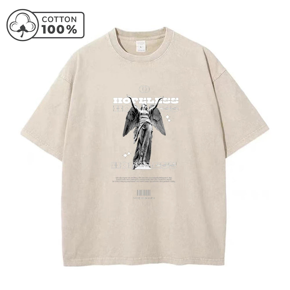 Summer Casual Washed T-Shirt Heavyweight Pure Cotton With A Statue Print Retro And Fashionable Short Sleeved Trendy Top