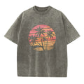 Men's Coconut Tree Print Retro Washed T-Shirt Summer Fashion Casual Short Sleeve Suitable For Fitness And Outdoor Activities