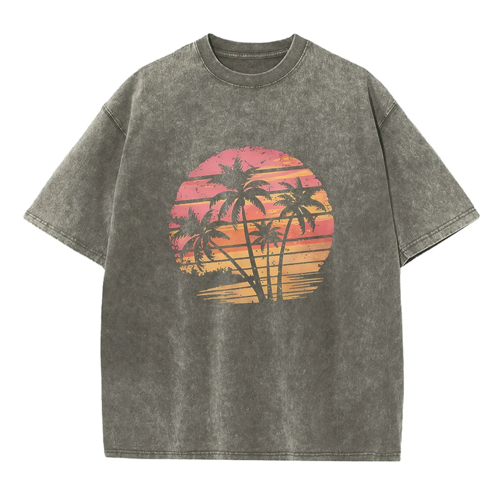 Men's Coconut Tree Print Retro Washed T-Shirt Summer Fashion Casual Short Sleeve Suitable For Fitness And Outdoor Activities