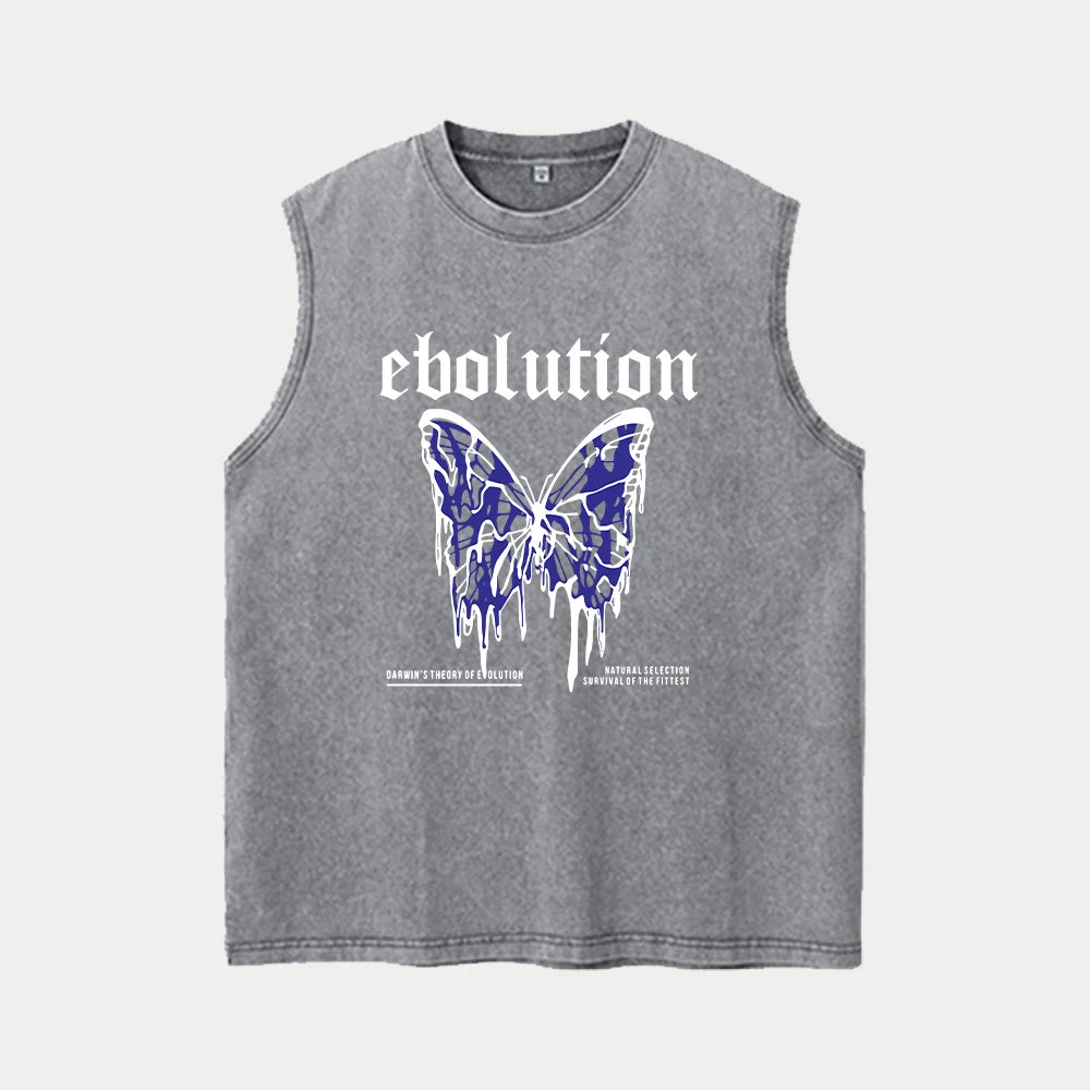 Summer Casual And Stylish Butterfly Print Washed T Shirt Comfortable Pure Cotton Distressed Sleeveless Vest Street Style Hip Hop