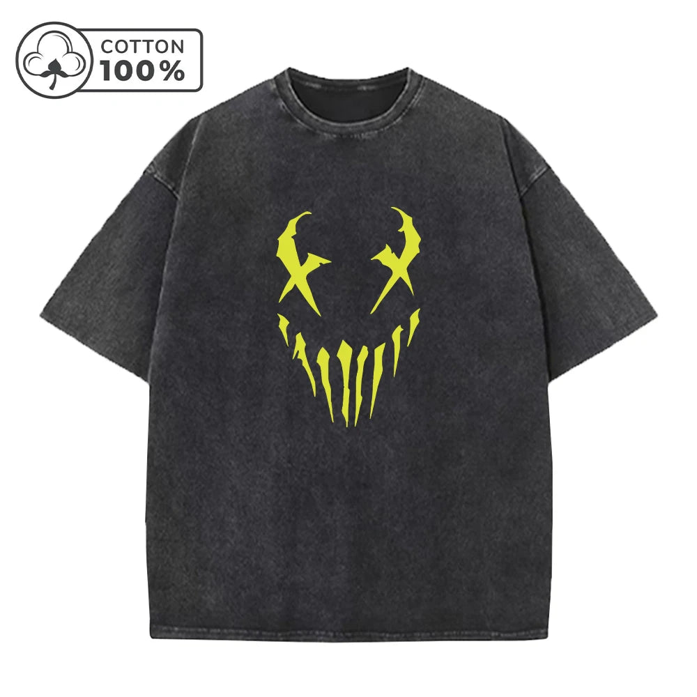 Men's Fangs And Smiley Face Printed Washed T-Shirt Fashionable Pure Cotton Round Neck Short Sleeve Suitable For Everyday Commute