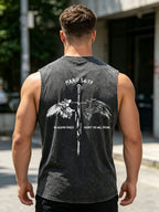 Men's Casual Washed Vest With Sword And Wing Print Loose Fit Pure Cotton Summer Basketball Fitness Training Sleeveless Top