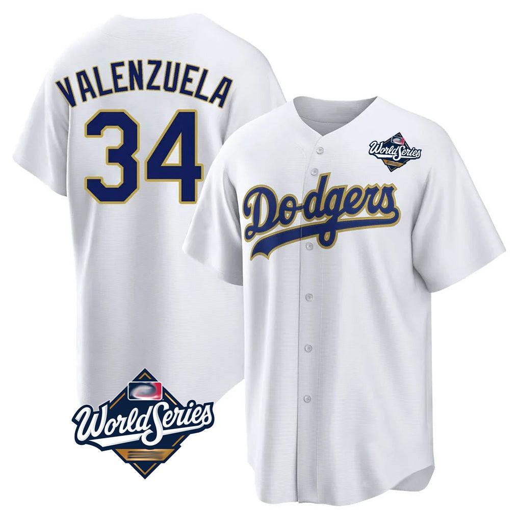 Los Angeles Dodgers #34 Fernando Valenzuela Player Gold White AmberGomez World Series 2026 Collection Stadium Game Stitched Jerseys