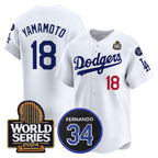 Los Angeles Dodgers #18 Yoshinobu Yamamoto White AmberGomez 2024 World Series With Fernando Memorial Patch Limited Stitched Jersey