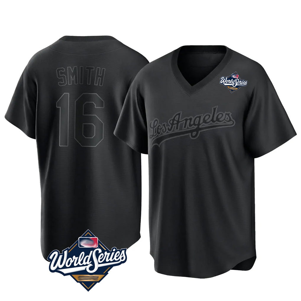 Los Angeles Dodgers #16 Will Smith Player Black AmberGomez World Series Pitch Fashion T-shirt Stitched Jerseys