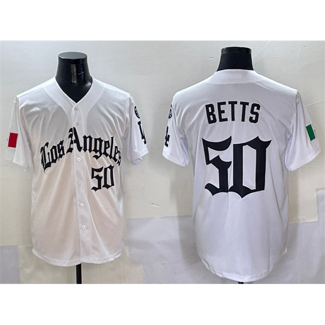 Los Angeles Dodgers #50 Mookie Betts White AmberGomez Mexico 2025 LA Gothic Style With Fernando Patch Vapor Premier Limited Stitched Jersey