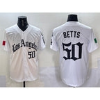 Los Angeles Dodgers #50 Mookie Betts White AmberGomez Mexico 2025 LA Gothic Style With Fernando Patch Vapor Premier Limited Stitched Jersey