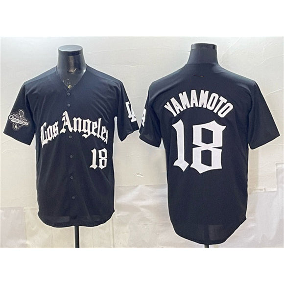 Los Angeles Dodgers #18 Yoshinobu Yamamoto Black AmberGomez LA Gothic Style With 2025 World Series Champions Patch Limited Stitched Jersey