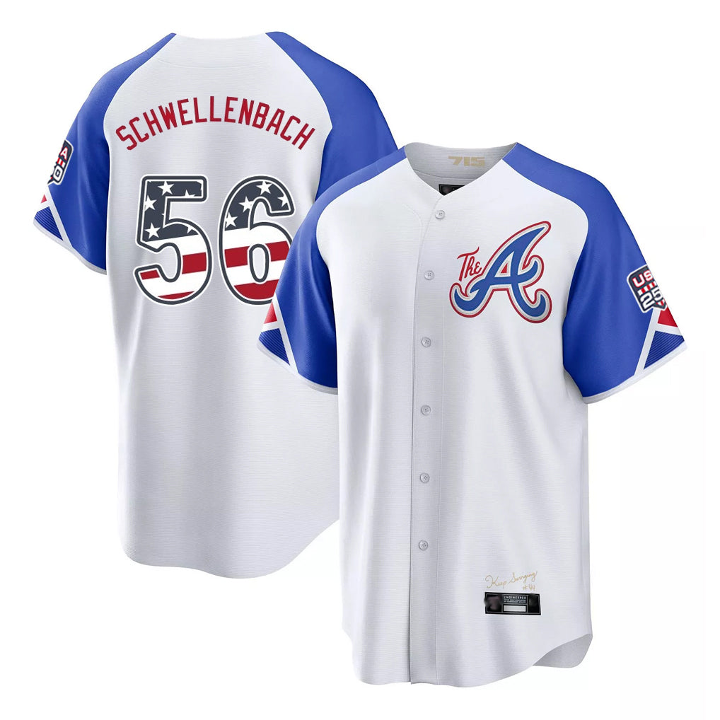 Atlanta Braves #56 Spencer Schwellenbach Player White AmberGomez USA 250 Fourth Of July City Connect Home Game Stitched Jerseys