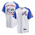 Atlanta Braves #56 Spencer Schwellenbach Player White AmberGomez USA 250 Fourth Of July City Connect Home Game Stitched Jerseys