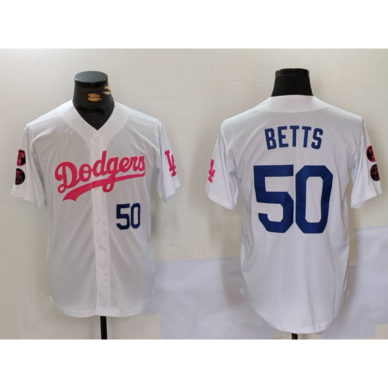 Los Angeles Dodgers #50 Mookie Betts White Pink AmberGomez Vin & Kobe Patch Stitched Jerseys