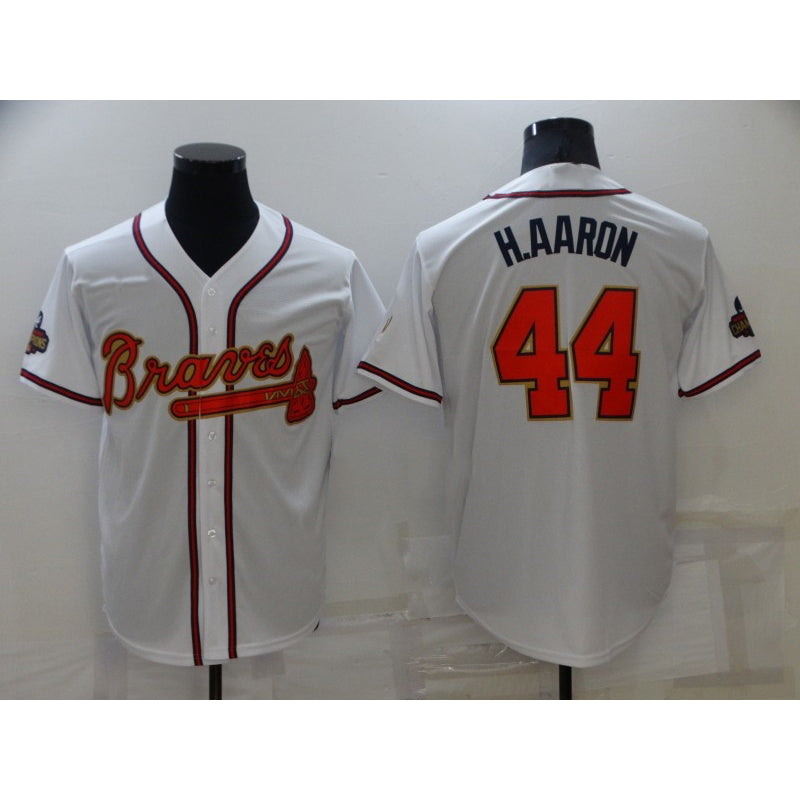 Atlanta Braves #44 Hank Aaron 2022 White Gold AmberGomez World Series Champions Program Cool Base Stitched Jersey