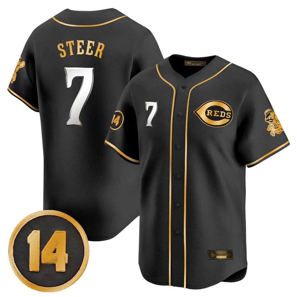 Cincinnati Reds #7 Spencer Steer Player Black-Gold AmberGomez Vapor Premier Limited Home Stitched Jerseys