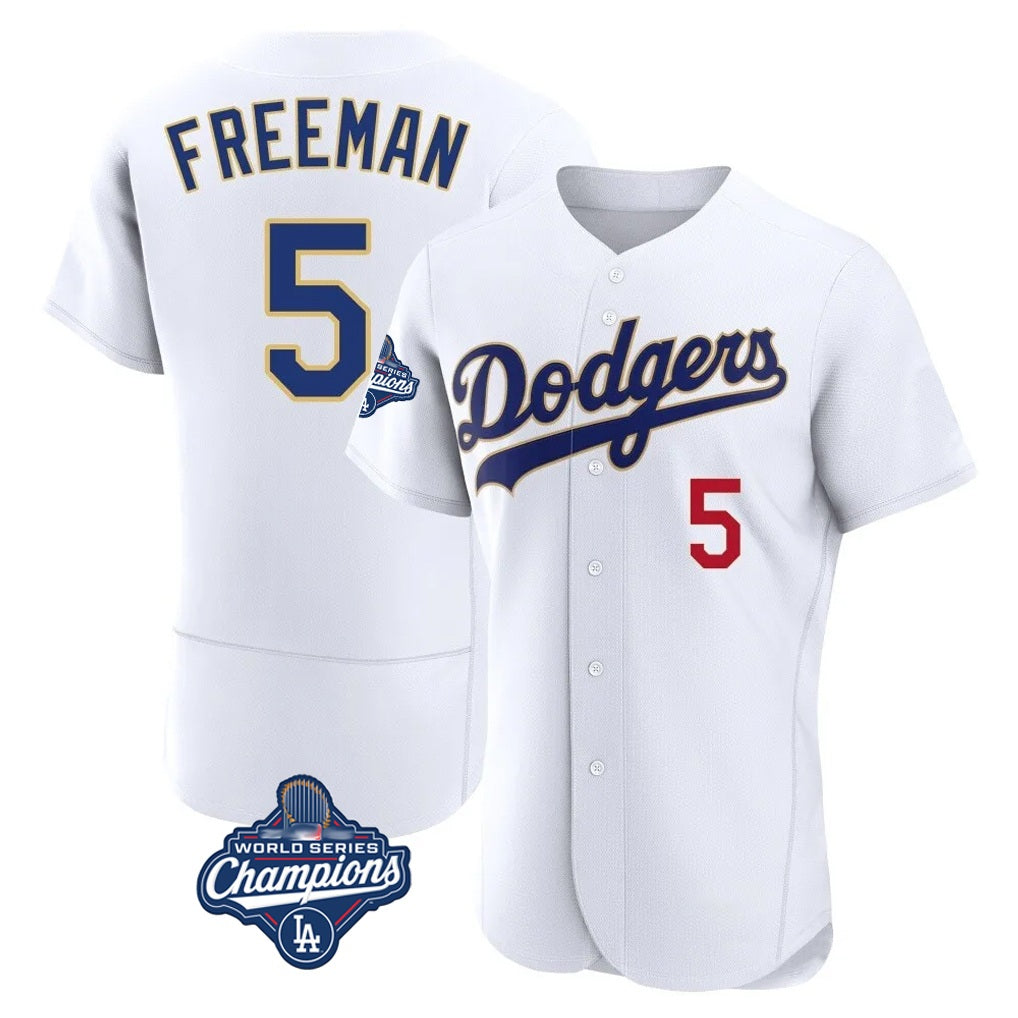 Los Angeles Dodgers #5 Freddie Freeman Player Gold White AmberGomez World Series Meet 2026 Collection Stadium Limited Elite Stitched Jerseys