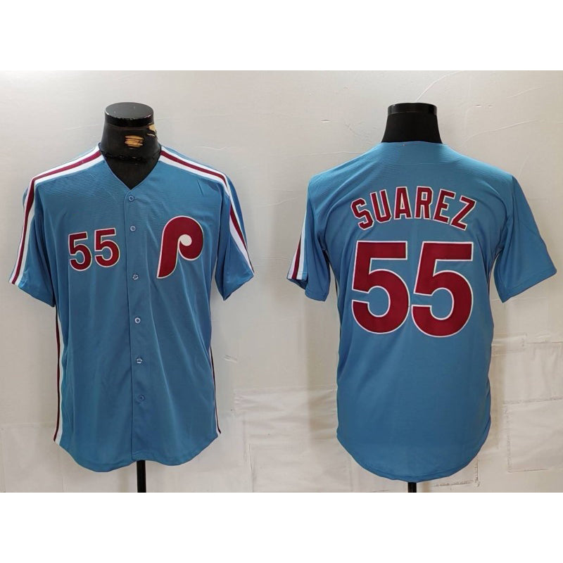 Philadelphia Phillies #55 Ranger Suarez Number Light Blue AmberGomez Cooperstown Cool Base Jersey
