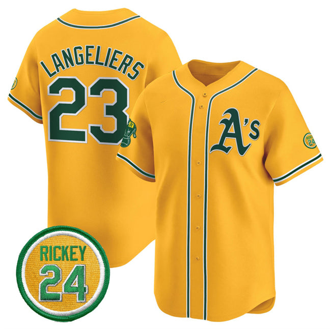 Oakland Athletics #23 Shea Langeliers Yellow AmberGomez 2024 Limited With Rickey Henderson Patch Stitched Jersey