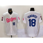 Los Angeles Dodgers #18 Yoshinobu Yamamoto White Pink AmberGomez Vin & Kobe Patch Stitched Jersey 2