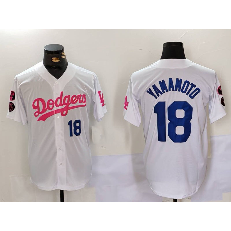 Los Angeles Dodgers #18 Yoshinobu Yamamoto White Pink AmberGomez Vin & Kobe Patch Stitched Jersey 2