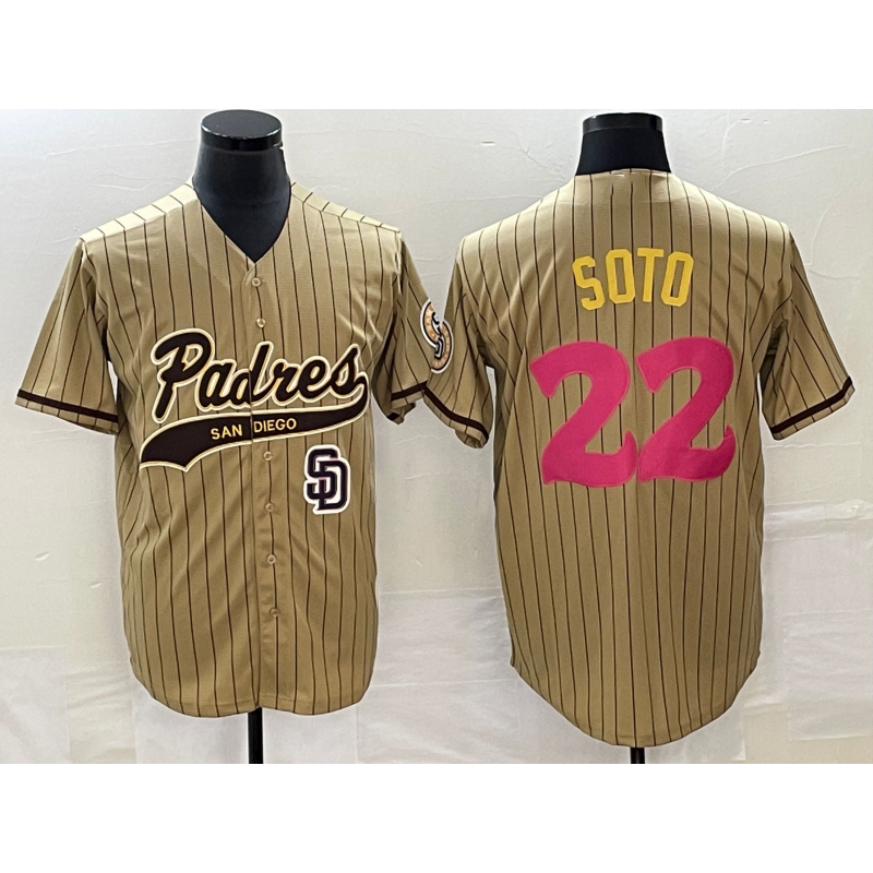 San Diego Padres #22 Juan Soto Tan AmberGomez Pinstripe 2023 City Connect Cool Base Stitched Jersey 2