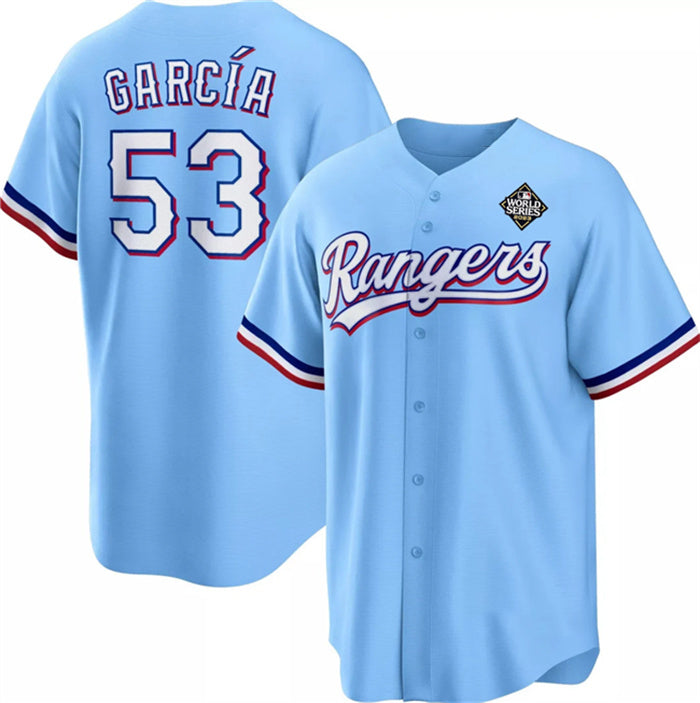 Texas Rangers #53 Adolis Garc¨ªa Blue AmberGomez 2023 World Series Cool Base Stitched Jersey