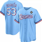 Texas Rangers #53 Adolis Garc¨ªa Blue AmberGomez 2023 World Series Cool Base Stitched Jersey