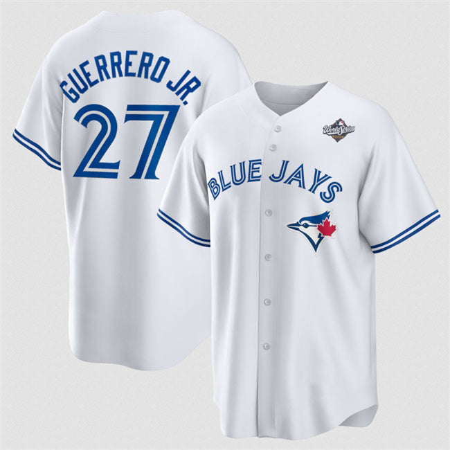 Toronto Blue Jays #27 Vladimir Guerrero Jr. White AmberGomez 2025 World Series Home Cool Base Stitched Jersey