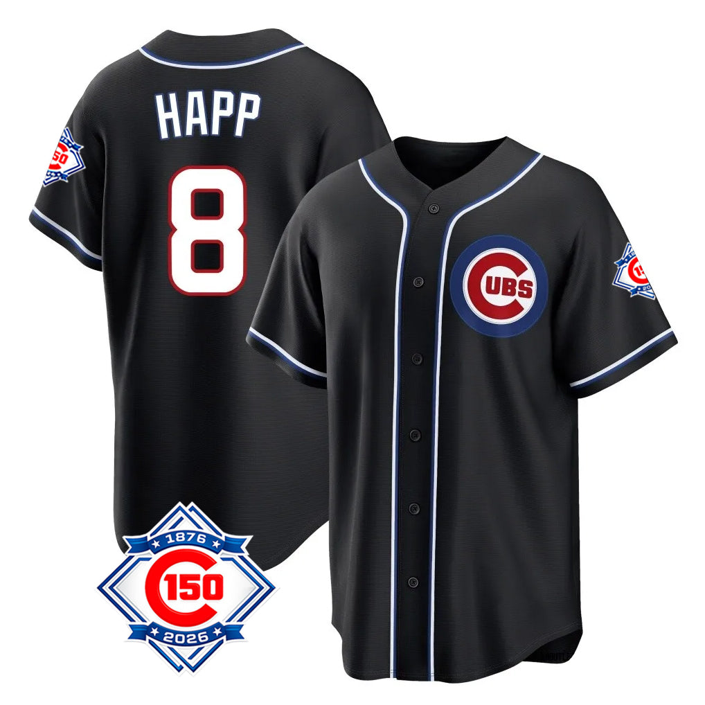 Chicago Cubs #8 Ian Happ Player Black AmberGomez Fashion Out 150th Anniversary Game Stitched Jerseys