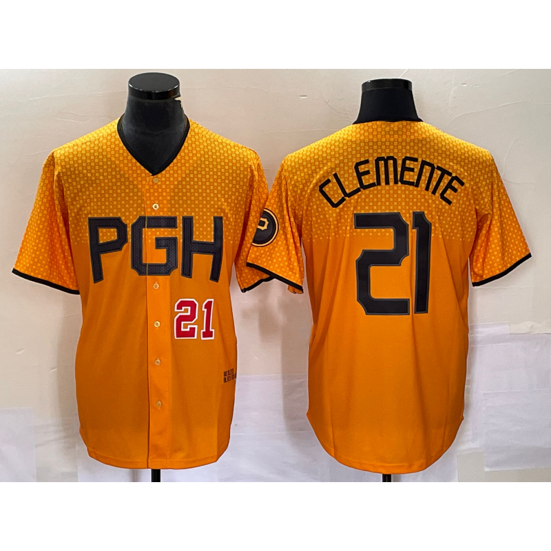 Pittsburgh Pirates #21 Roberto Clemente Number Gold AmberGomez 2023 City Connect Stitched Jersey 3