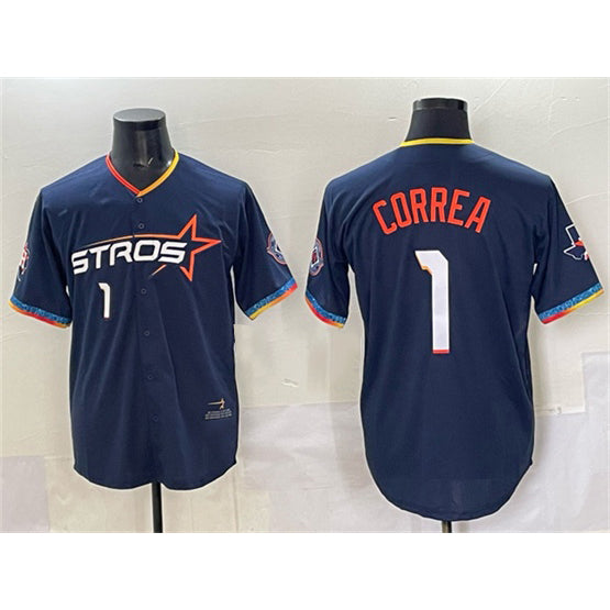 Houston Astros #1 Carlos Correa Navy AmberGomez 2025 City Connect With Texas Patch Limited Stitched Jersey