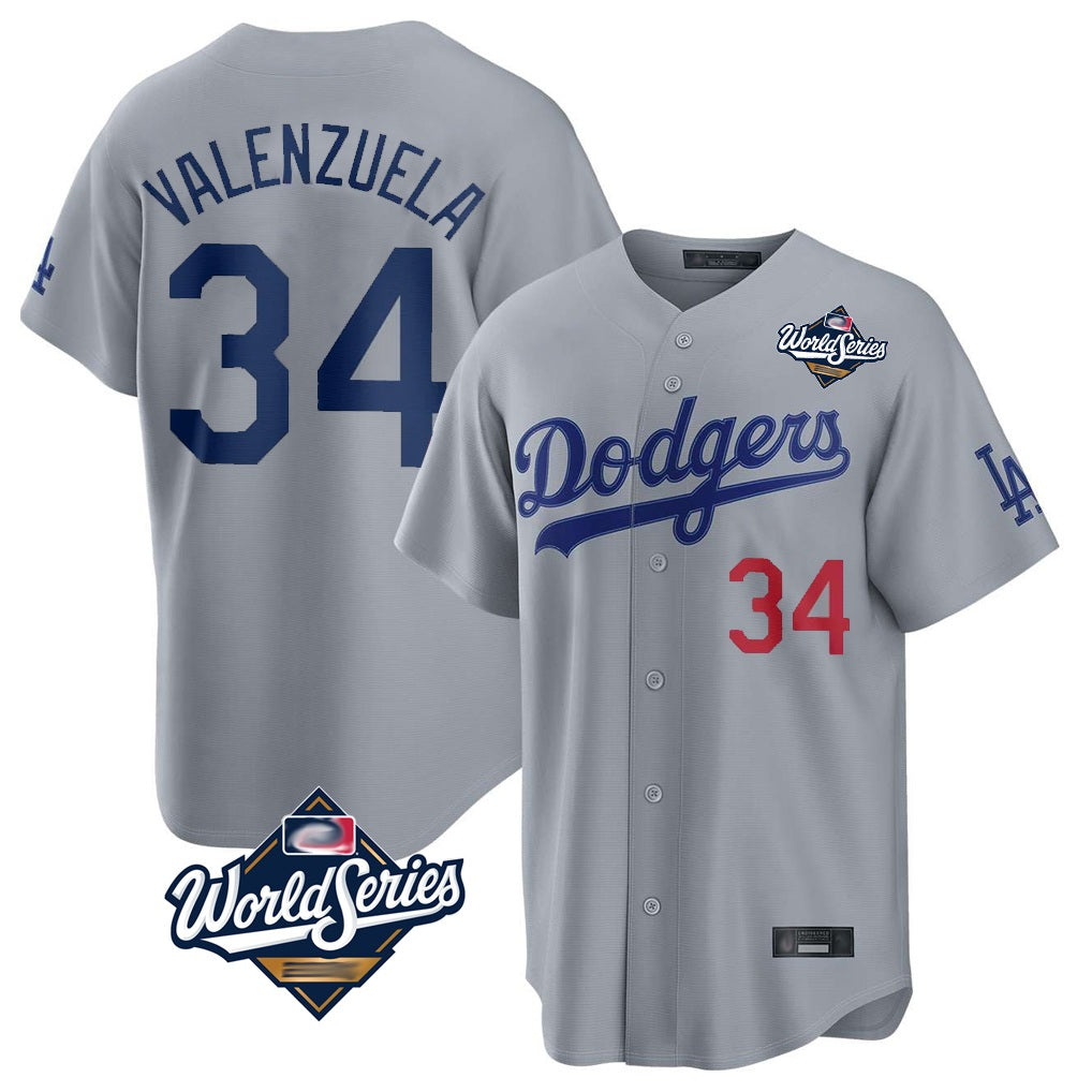 Los Angeles Dodgers #34 Fernando Valenzuela Player Gray AmberGomez World Series Game Home Stitched Jerseys