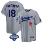Los Angeles Dodgers #18 Yoshinobu Yamamoto Player Gray AmberGomez World Series Meet Game Home Stitched Jerseys
